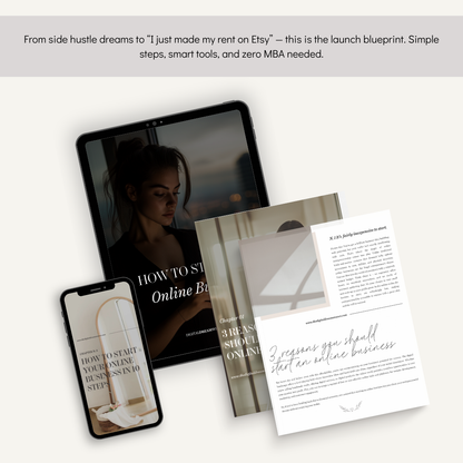 Digital products including a tablet, smartphone, and printed materials on a white background.