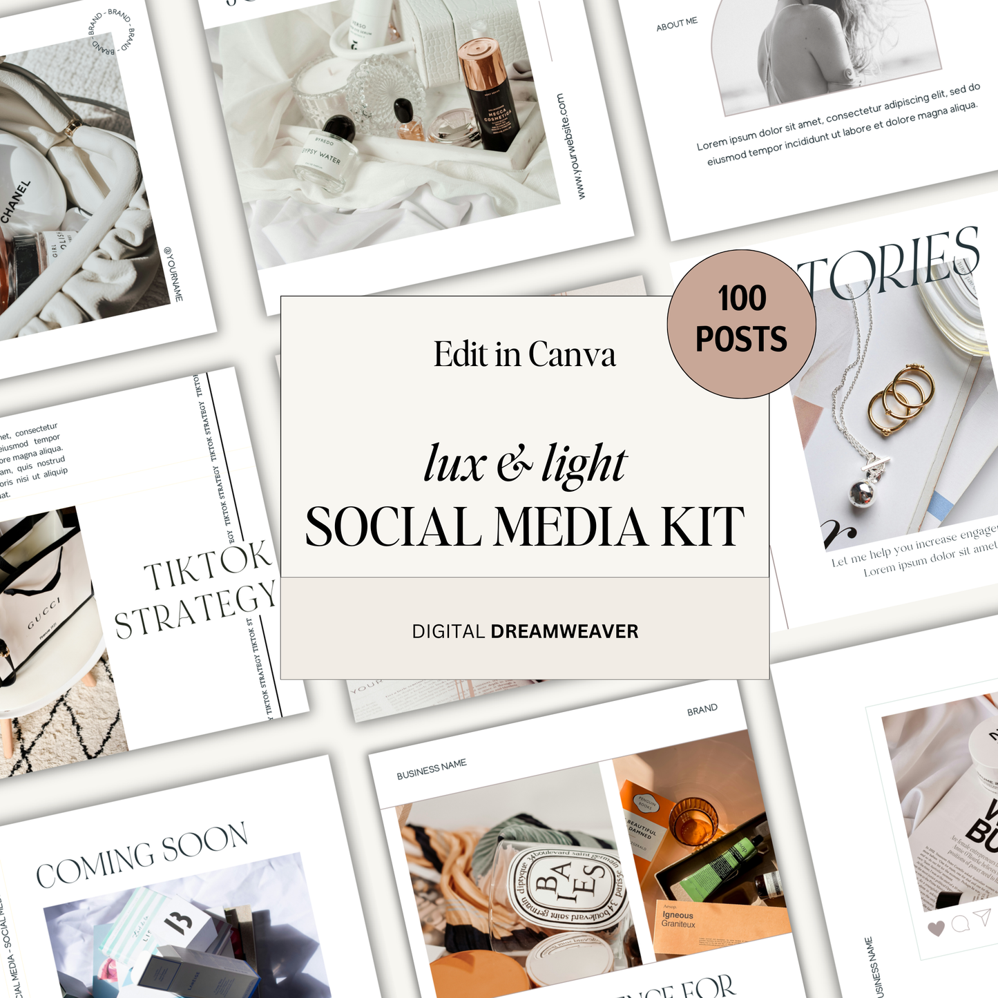 100 Lux & Light Clean, Editorial, White Aesthetic, Engagement Boosting IG Social Media Instagram Posts Template