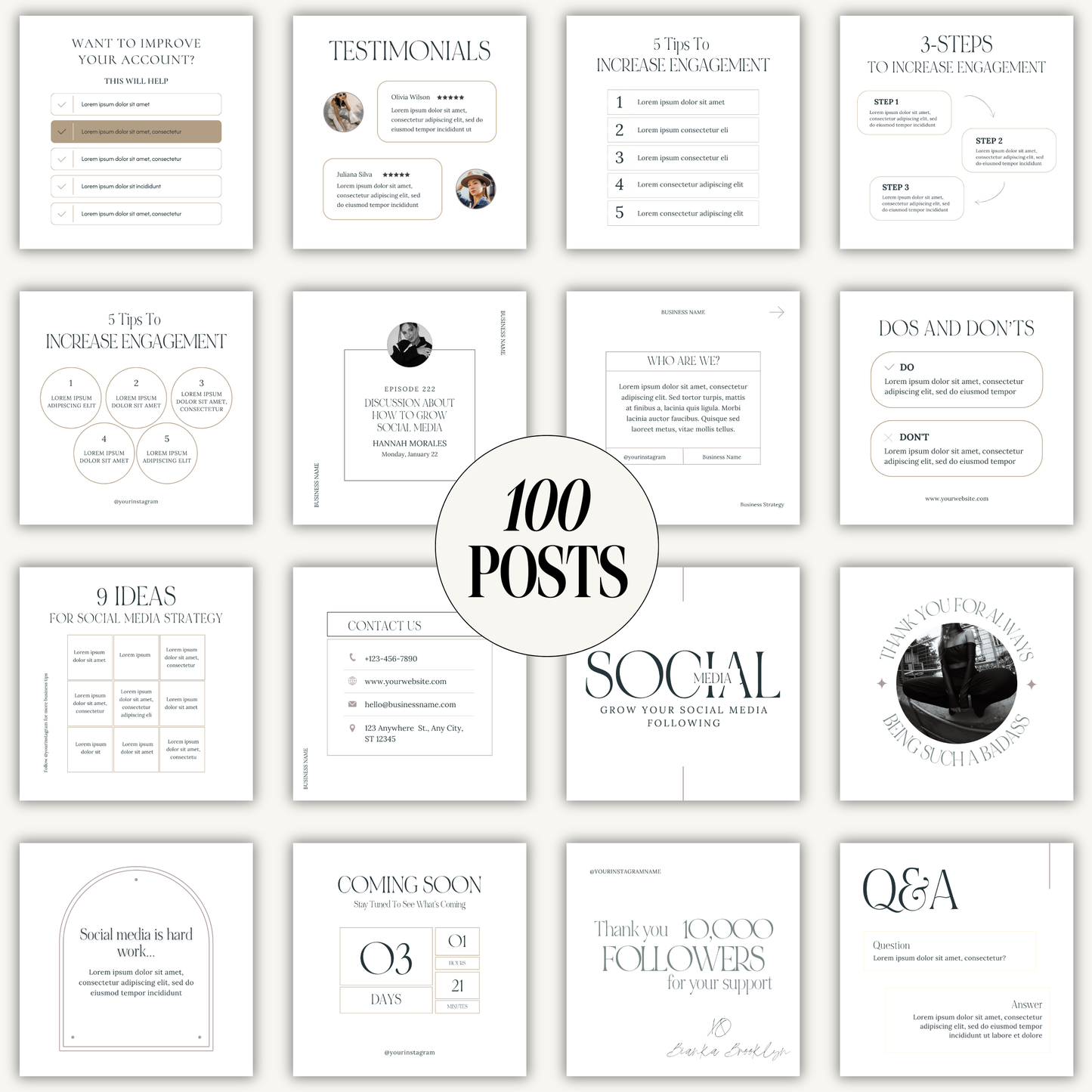 100 Lux & Light Clean, Editorial, White Aesthetic, Engagement Boosting IG Social Media Instagram Posts Template