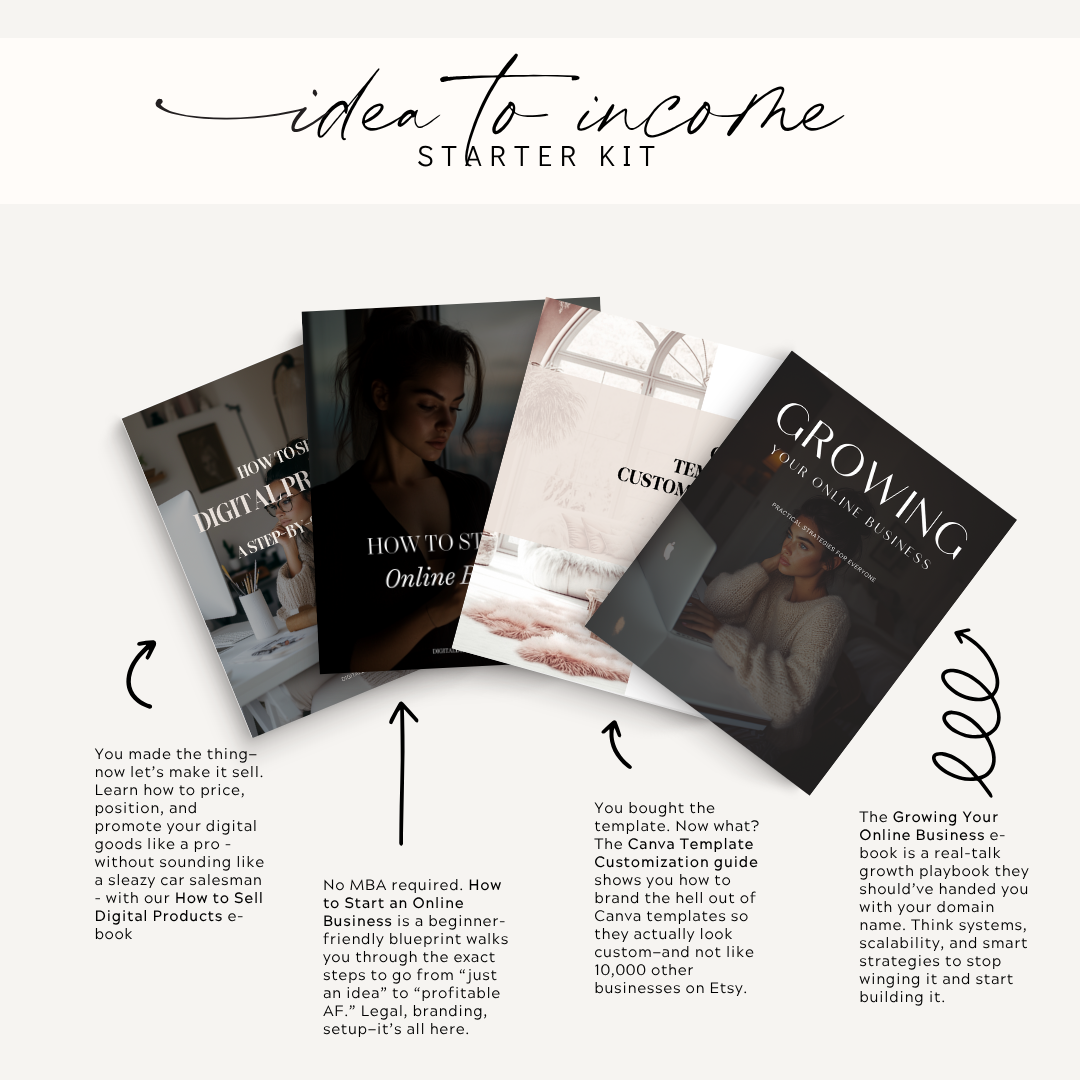 Collection of books and brochures titled 'How to Sell Digital Products', 'Growing Your Online Business', and 'Custom'.