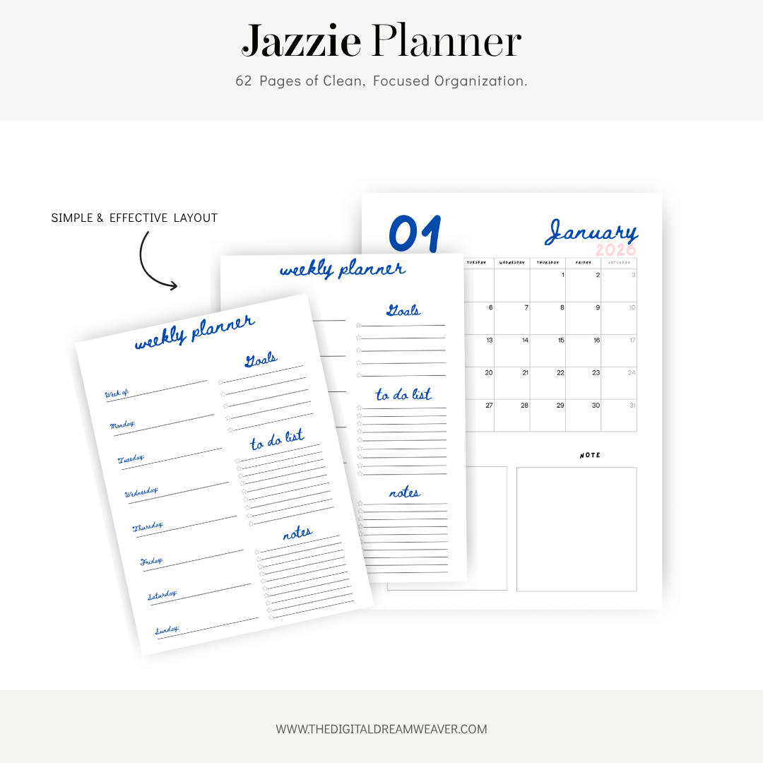 Jazzie Planner stationery set shown on a clean white background with a beige header and footer. The set includes a monthly calendar page, a weekly planner page, and a to-do list page, all in white with blue text and lines.