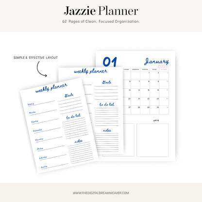 Jazzie Planner stationery set shown on a clean white background with a beige header and footer. The set includes a monthly calendar page, a weekly planner page, and a to-do list page, all in white with blue text and lines.