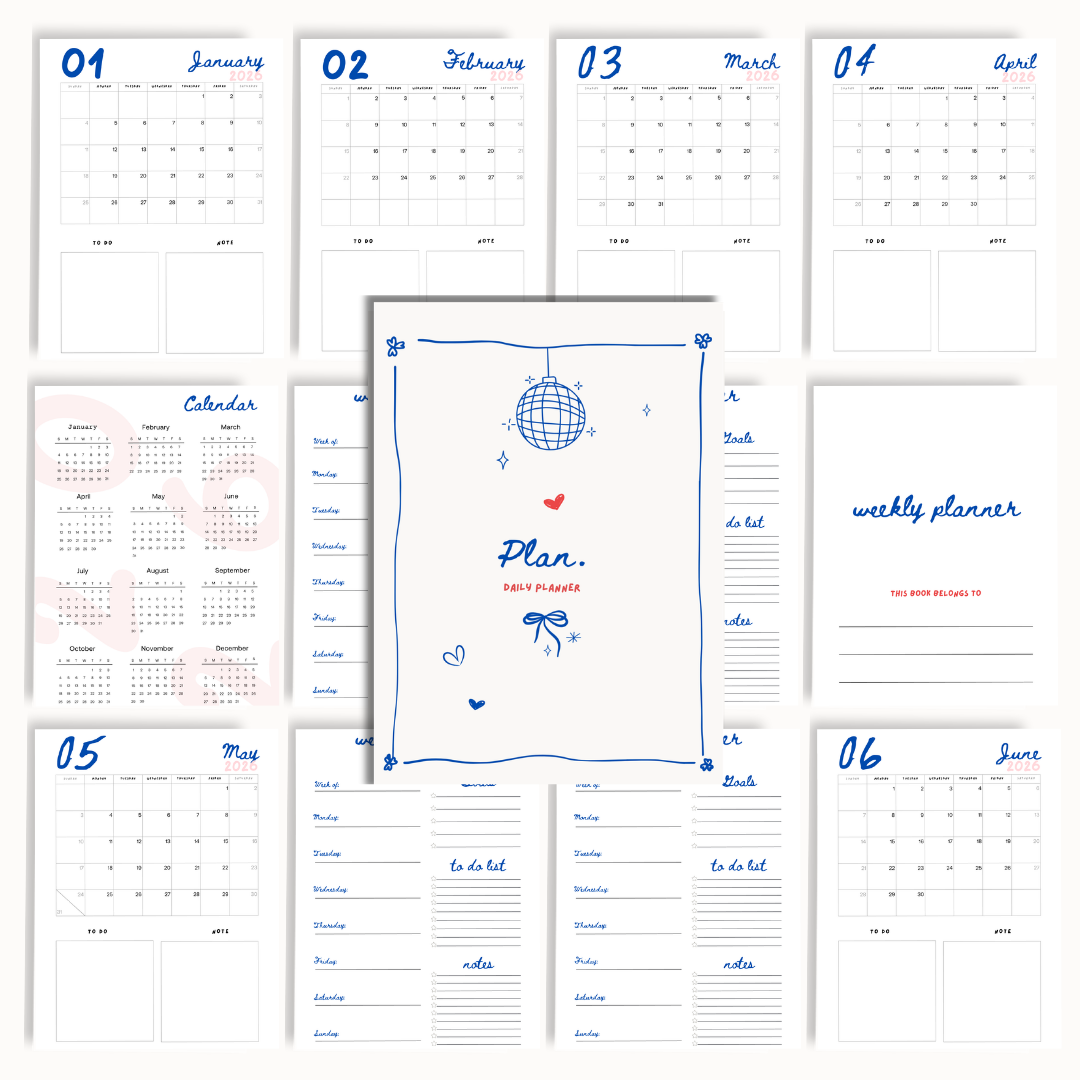 A 12-page daily planner set displayed in a collage layout, featuring white pages with blue and light pink accents, including monthly calendars, a central cover page, and weekly and daily log sheets.