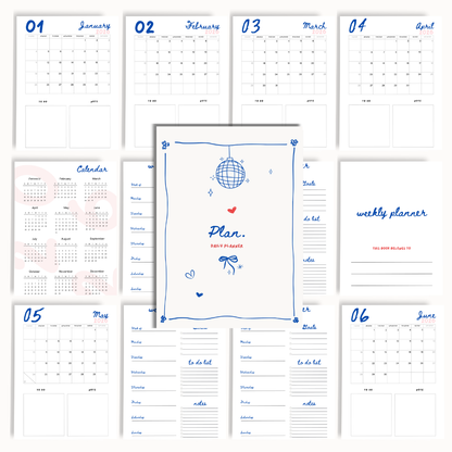 A 12-page daily planner set displayed in a collage layout, featuring white pages with blue and light pink accents, including monthly calendars, a central cover page, and weekly and daily log sheets.