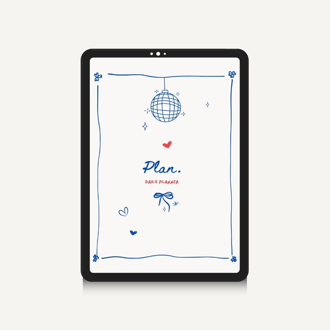 A tablet device centered on a light gray background, displaying a minimalist planner cover design with blue line art, a disco ball illustration, small red hearts, and the text 'Plan. Daily Planner'.