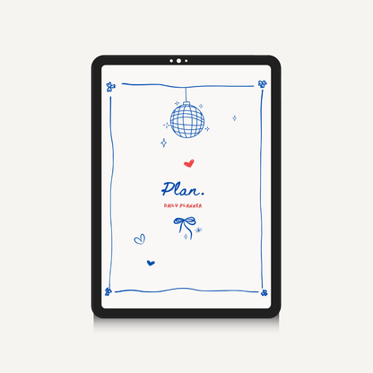 A tablet device centered on a light gray background, displaying a minimalist planner cover design with blue line art, a disco ball illustration, small red hearts, and the text 'Plan. Daily Planner'.