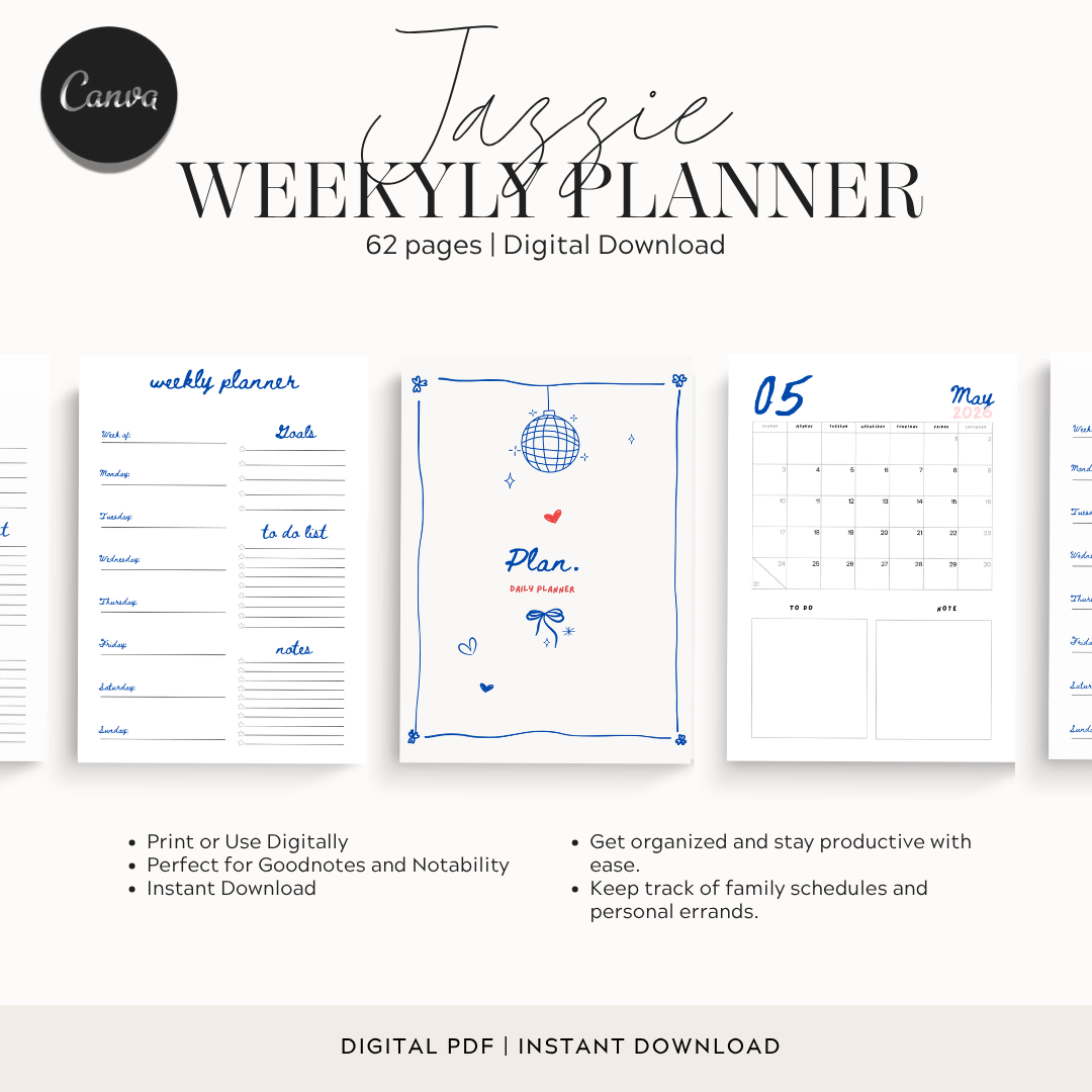 Digital weekly planner template preview with multiple page layouts shown on a light beige background. The design uses blue and black text and line art on white pages, with promotional text reading 'Jazzie WEEKLY PLANNER' and '62 pages | Digital Download.