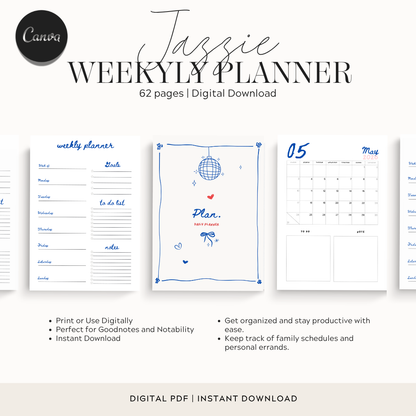 Digital weekly planner template preview with multiple page layouts shown on a light beige background. The design uses blue and black text and line art on white pages, with promotional text reading 'Jazzie WEEKLY PLANNER' and '62 pages | Digital Download.
