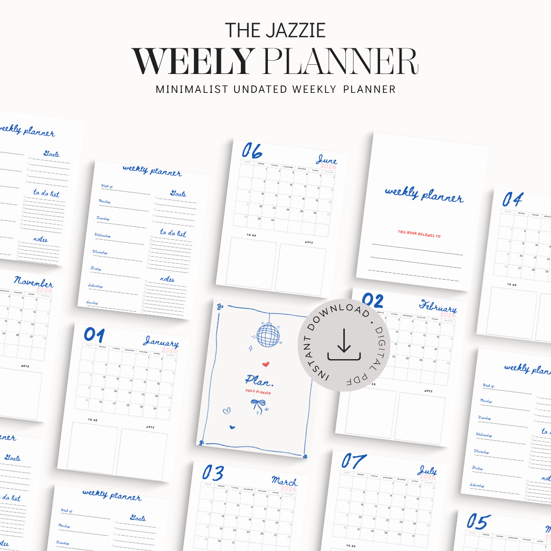 The Jazzy Weekly Planner digital download mockup showing multiple white planner pages with blue handwritten-style text and calendar grids, arranged on a light background with the title 'THE JAZZY WEEKLY PLANNER' at the top and a circular 'Instant Download' badge in the center.