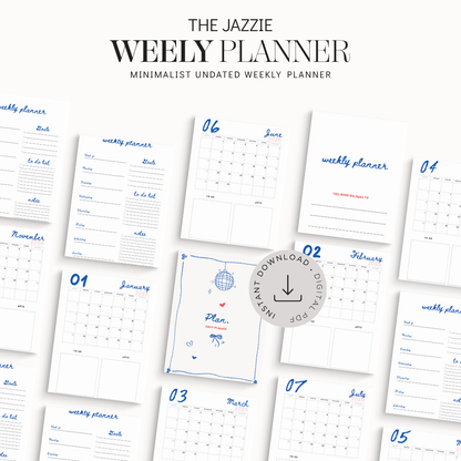 The Jazzy Weekly Planner digital download mockup showing multiple white planner pages with blue handwritten-style text and calendar grids, arranged on a light background with the title 'THE JAZZY WEEKLY PLANNER' at the top and a circular 'Instant Download' badge in the center.
