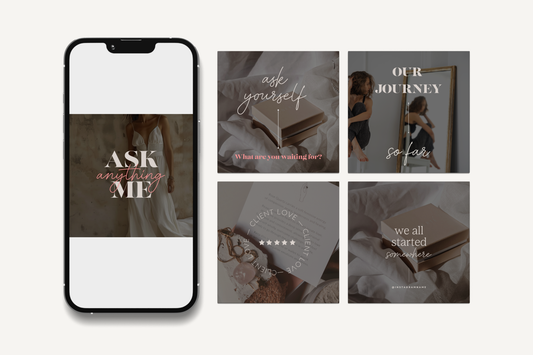 Phone screen with 'Ask Me' text and collage of related images on a white background