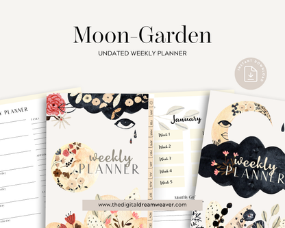Moon Garden Digital Weekly Planner | Boho Botanical Celestial Goodnotes Template | Undated Monthly & Weekly Organizer with Hyperlinked Tabs