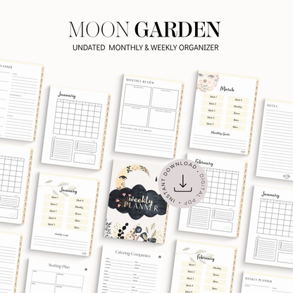 Moon Garden Digital Weekly Planner | Boho Botanical Celestial Goodnotes Template | Undated Monthly & Weekly Organizer with Hyperlinked Tabs