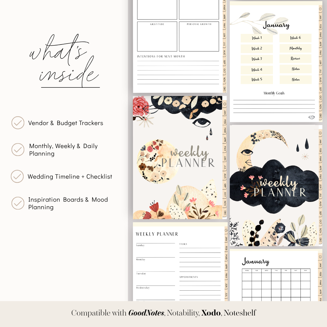 Moon Garden Digital Weekly Planner | Boho Botanical Celestial Goodnotes Template | Undated Monthly & Weekly Organizer with Hyperlinked Tabs