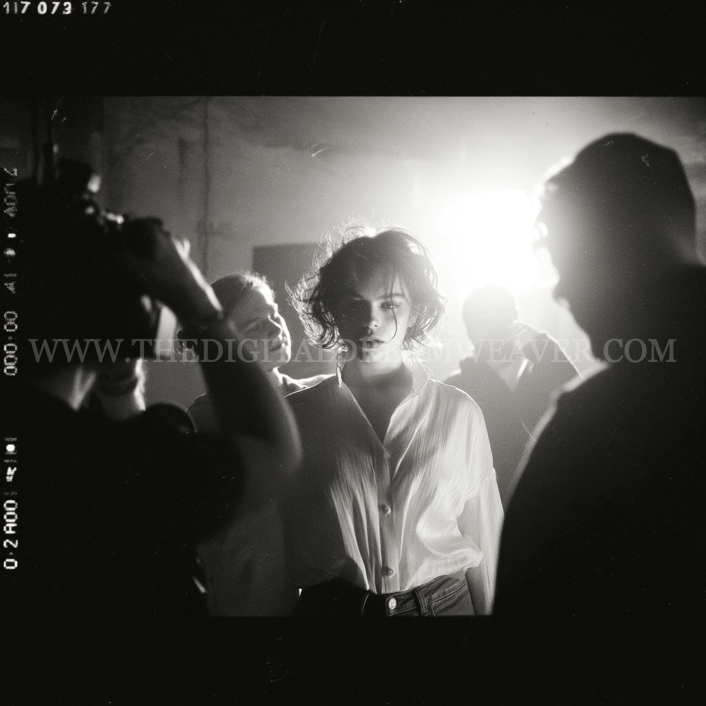 Person in a white shirt surrounded by silhouettes with a bright light source