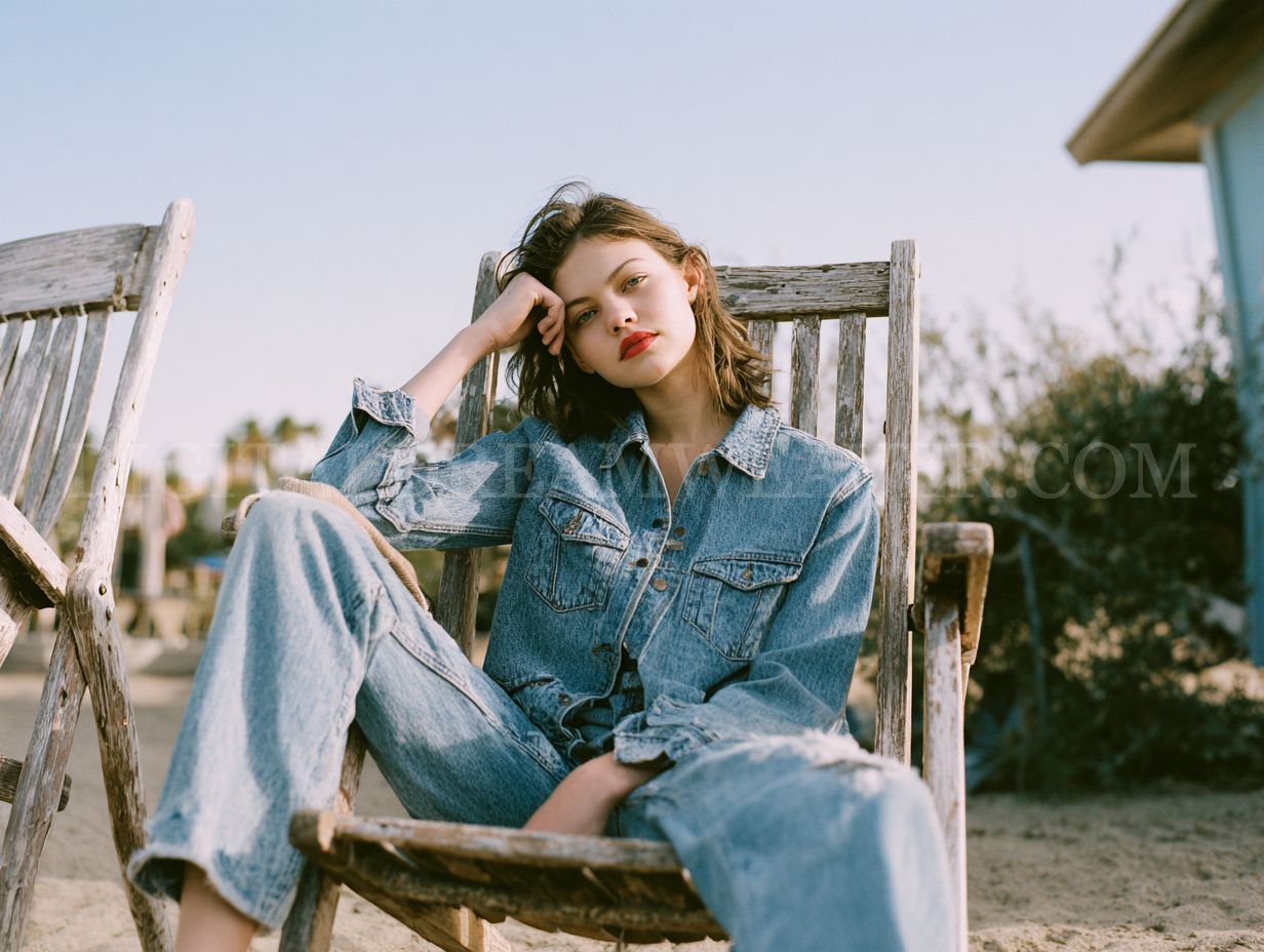 Woman in denim outfit sitting on a wooden chair outdoors