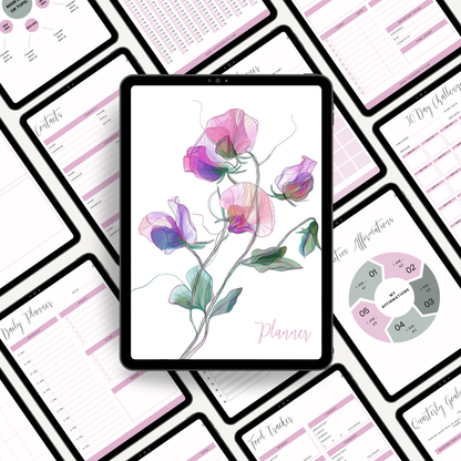 A digital planner template displayed on a tablet screen, surrounded by overlapping views of the same planner pages in pink, purple, gray, and black. The central tablet shows a watercolor-style floral design with pink and purple flowers and green leaves on a white background.