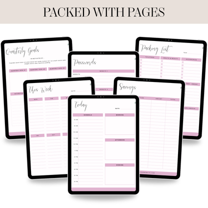Six digital planner pages displayed on tablet screens with the headline 'PACKED WITH PAGES' at the top. The pages include templates for Quarterly Goals, Passwords, Packing List, This Week, Today, Savings, and To Do.