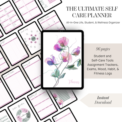 Digital product preview for 'The Ultimate Self Care Planner' showing a tablet with a watercolor flower illustration on the cover, surrounded by preview pages of planner inserts in pink, purple, and black. Text highlights 96 pages for students and self-care tools, and notes instant download.