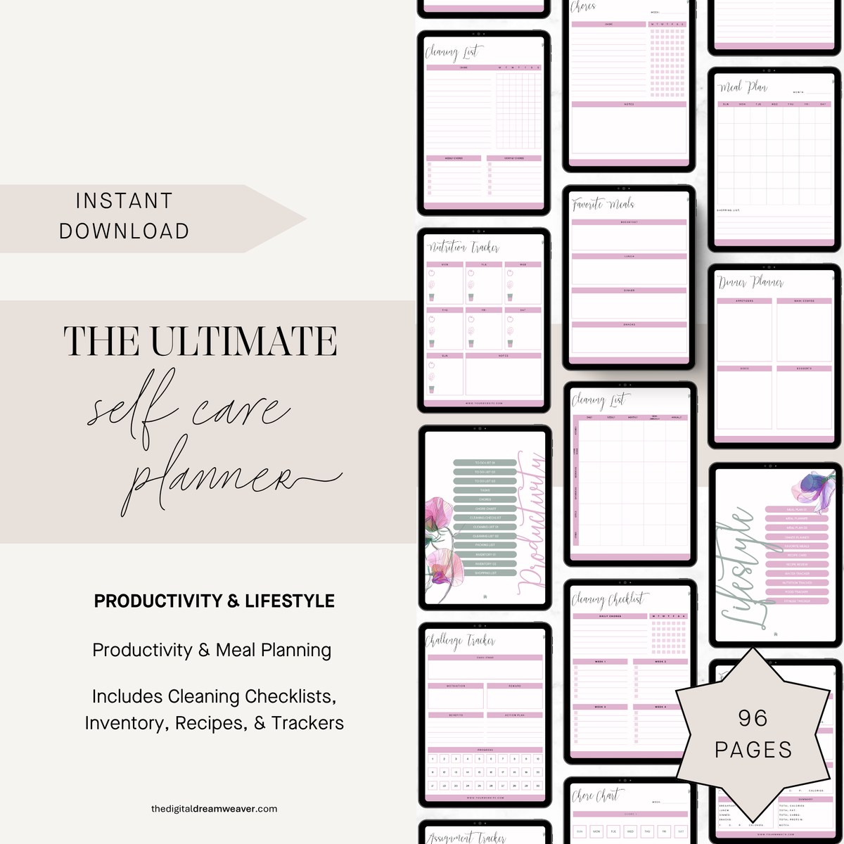 Promotional graphic for a digital self care planner instant download, showing multiple planner page previews on the right and text on the left including 'The Ultimate Self Care Planner,' 'Productivity & Lifestyle,' '96 Pages,' and 'Instant Download.'.