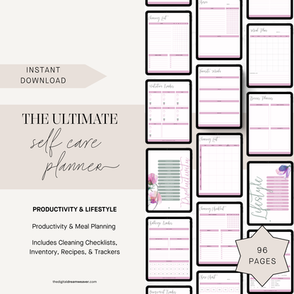 Promotional graphic for a digital self care planner instant download, showing multiple planner page previews on the right and text on the left including 'The Ultimate Self Care Planner,' 'Productivity & Lifestyle,' '96 Pages,' and 'Instant Download.'.