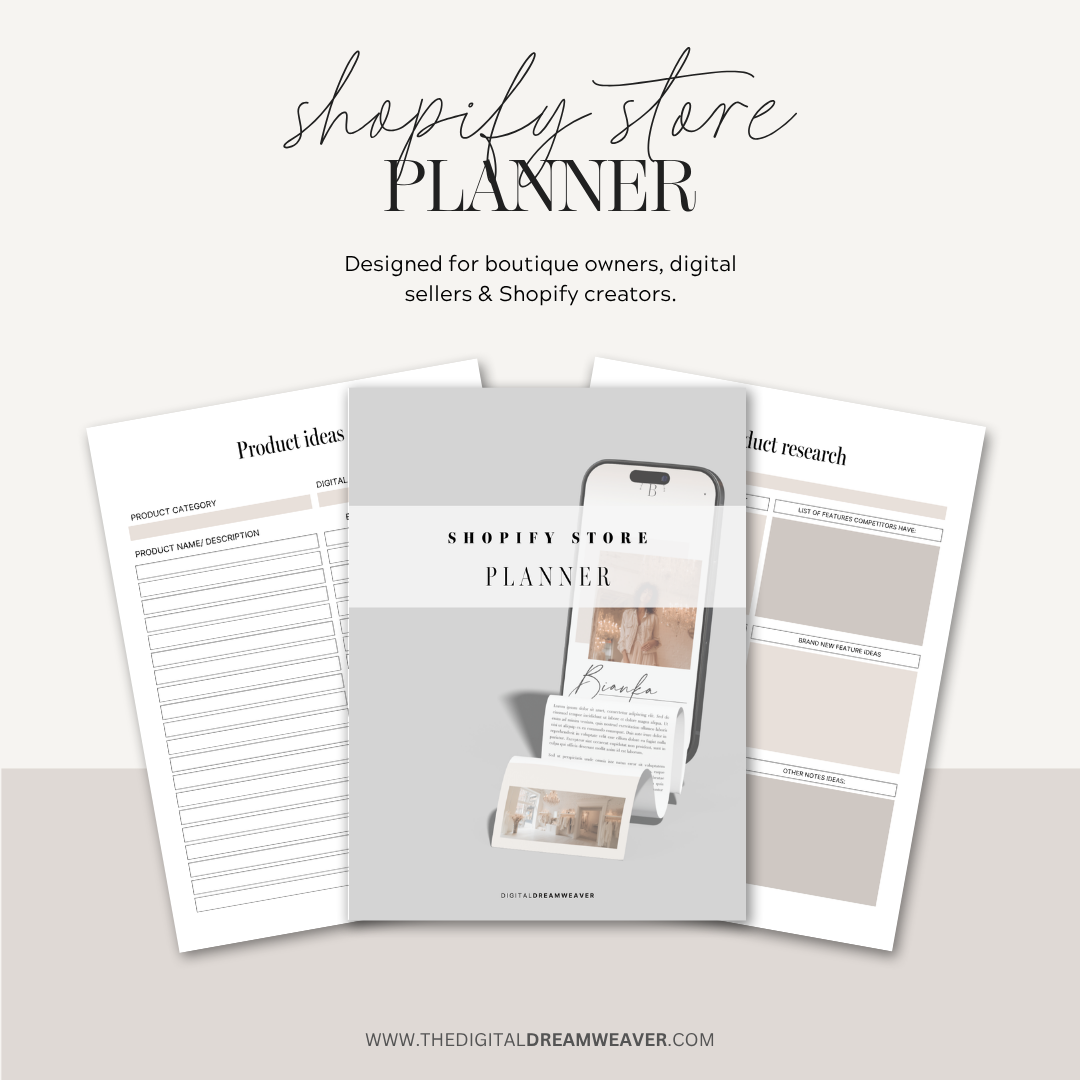 Shopify store planner with various pages on a light background