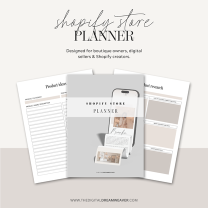 Shopify store planner with various pages on a light background