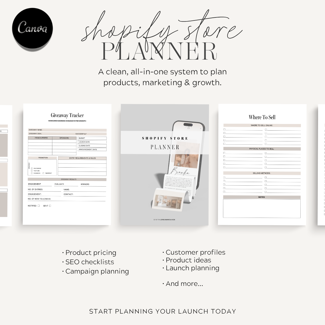 Shopify store planner with product pricing, SEO checklists, and customer profiles on a white background.