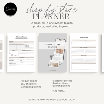 Shopify store planner with product pricing, SEO checklists, and customer profiles on a white background.