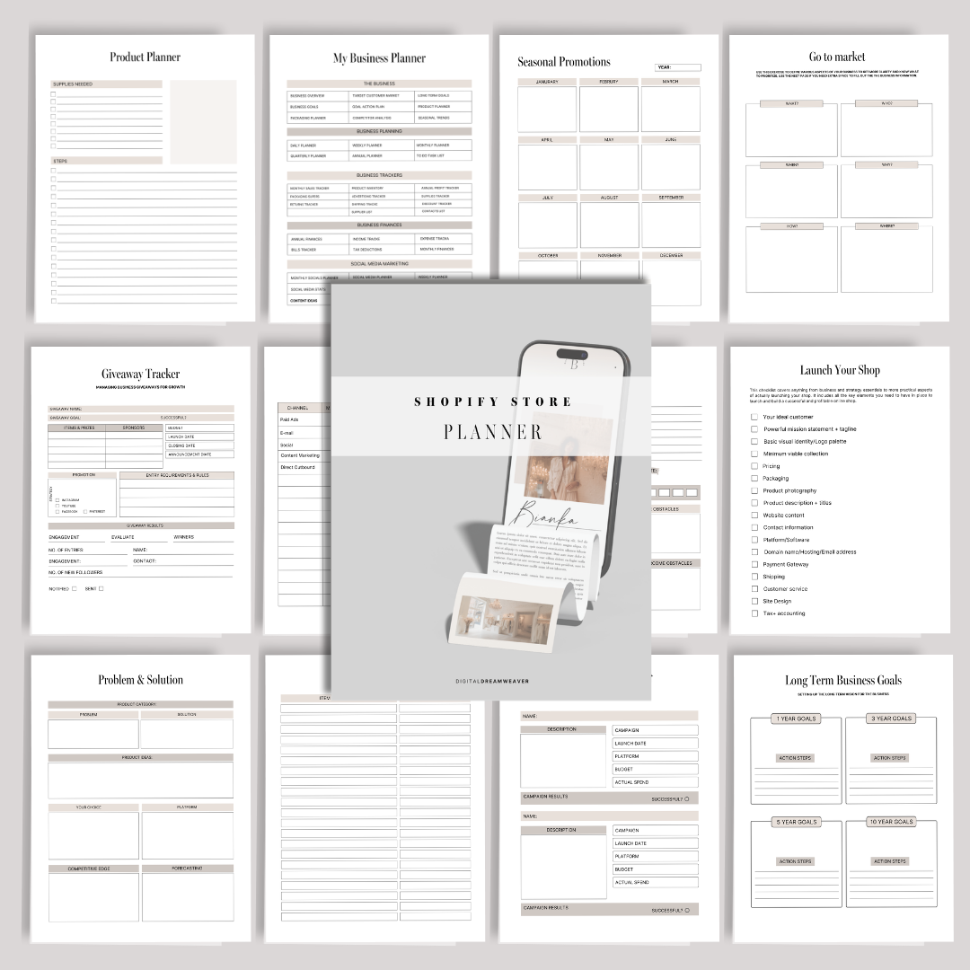 Collection of Shopify store planner sheets with a gray binder in the center.
