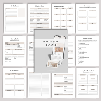 Collection of Shopify store planner sheets with a gray binder in the center.