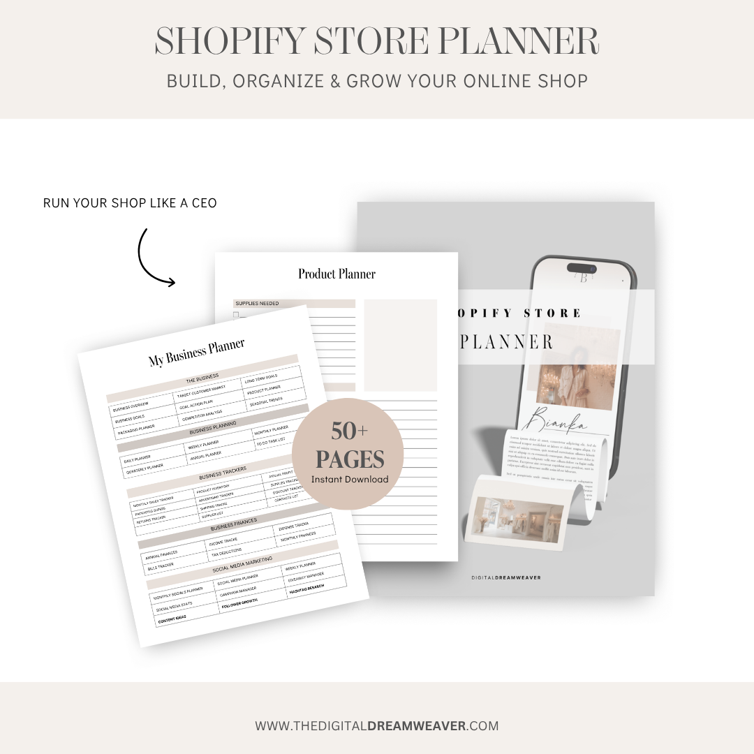 Shopify Store Planner with product planner and business planner on a white background