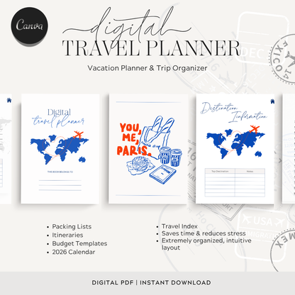 Digital Travel Planner | Vacation Planner & Trip Organizer | Packing Lists, Itineraries & Budget Templates