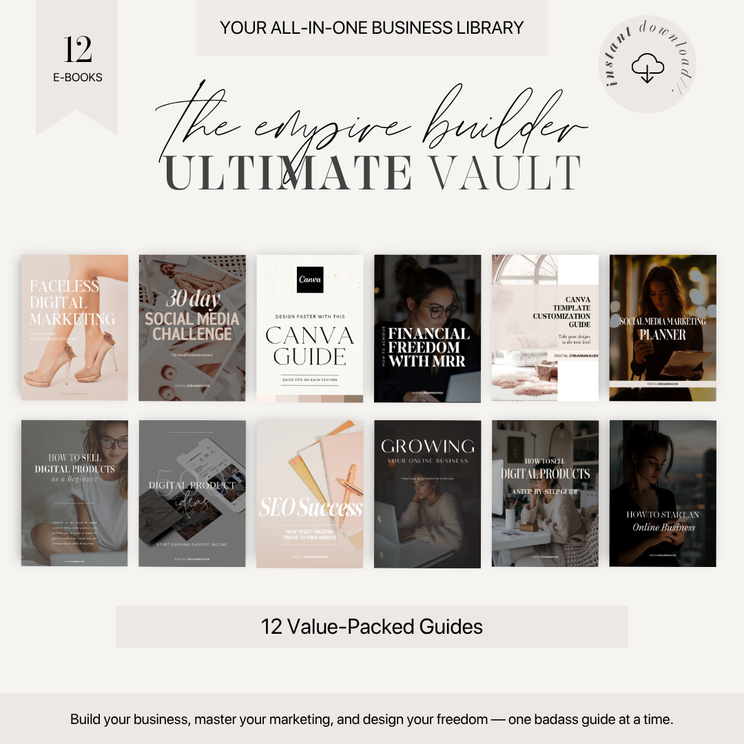 Empire Builder Ultimate Vault™ | Ultimate Faceless Digital Marketing Ebook Bundle PLR MRR, 30 Day Social Media Challenge Canva Guide, Sell Online Products Beginner Course