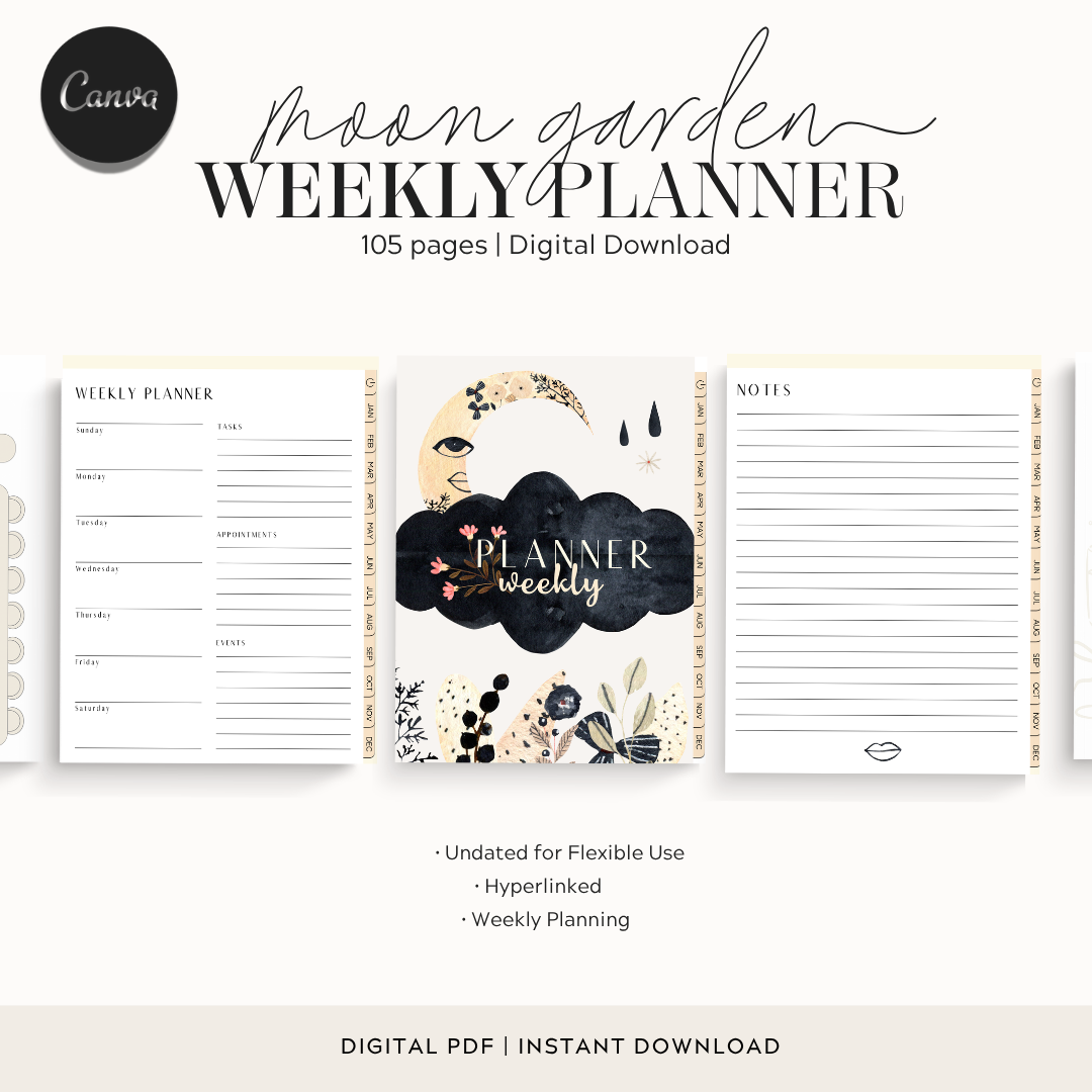 Moon Garden Digital Weekly Planner | Boho Botanical Celestial Goodnotes Template | Undated Monthly & Weekly Organizer with Hyperlinked Tabs