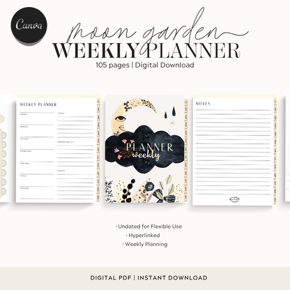 Moon Garden Digital Weekly Planner | Boho Botanical Celestial Goodnotes Template | Undated Monthly & Weekly Organizer with Hyperlinked Tabs