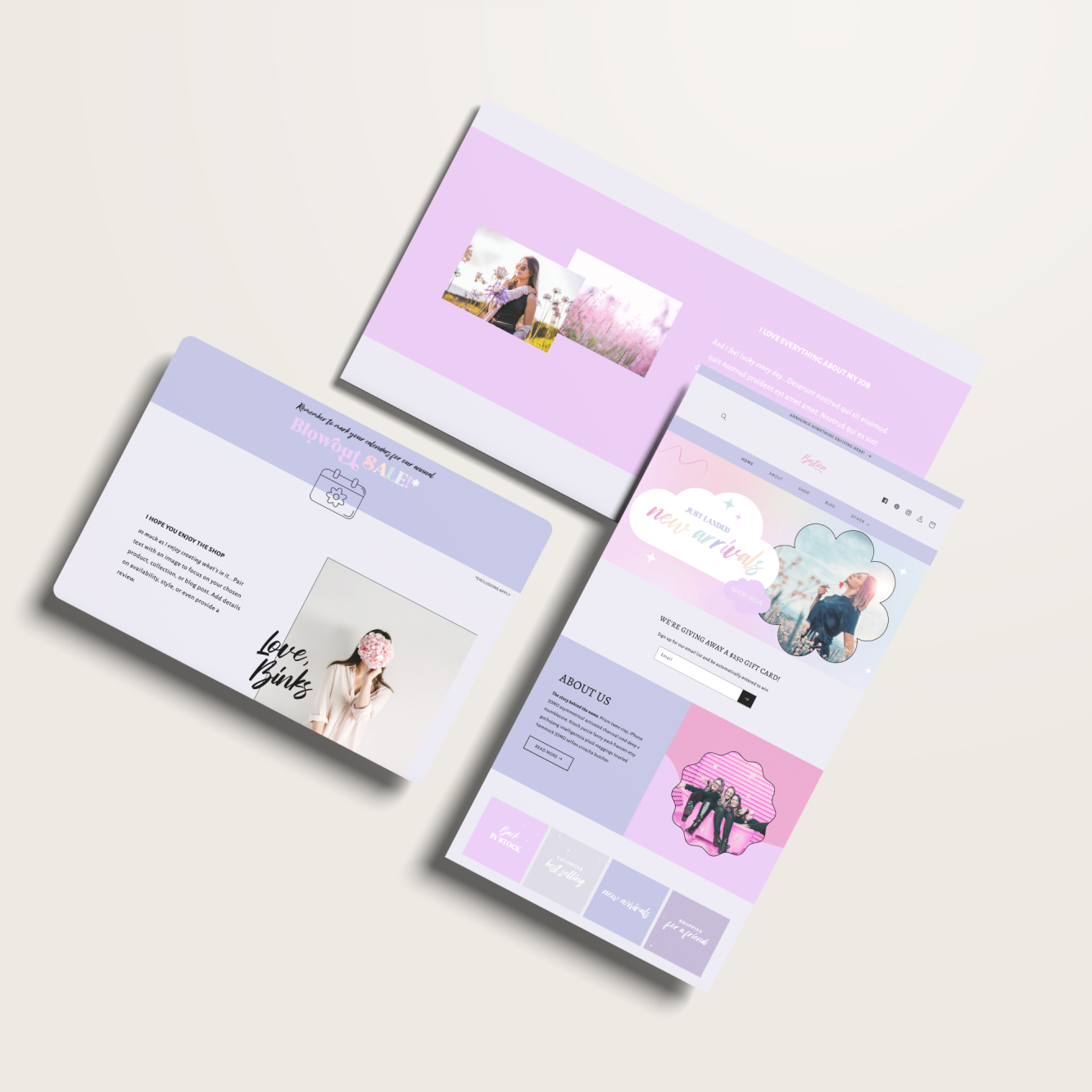 Three smartphone screens displaying a website with a light purple and pink color scheme.
