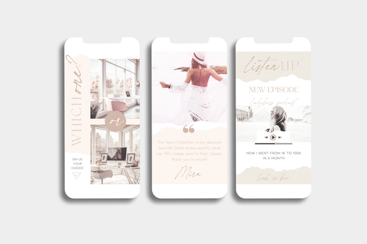Three vertical social media post templates with a cohesive neutral color palette of beige, white, and soft blush pink. The templates feature elegant typography, watercolor textures, and placeholder images of a woman in a white dress and a modern living room interior.