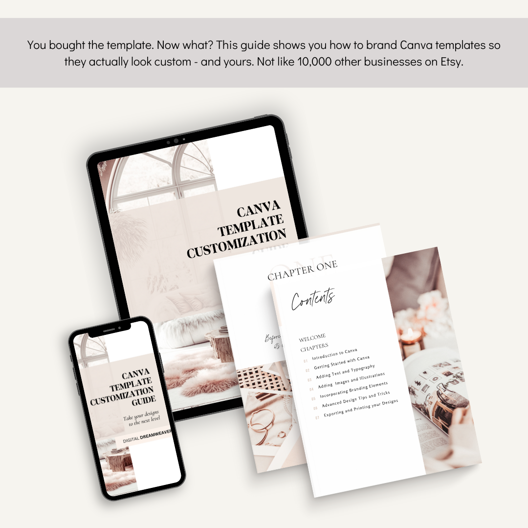 Canva template customization guide displayed on a tablet and smartphone with a white background.