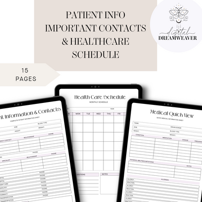 Caregiver Planner | Printable Daily Care Journal | Medical Schedule Log, Home Health Care Tracker, Nurse Patient Information Forms