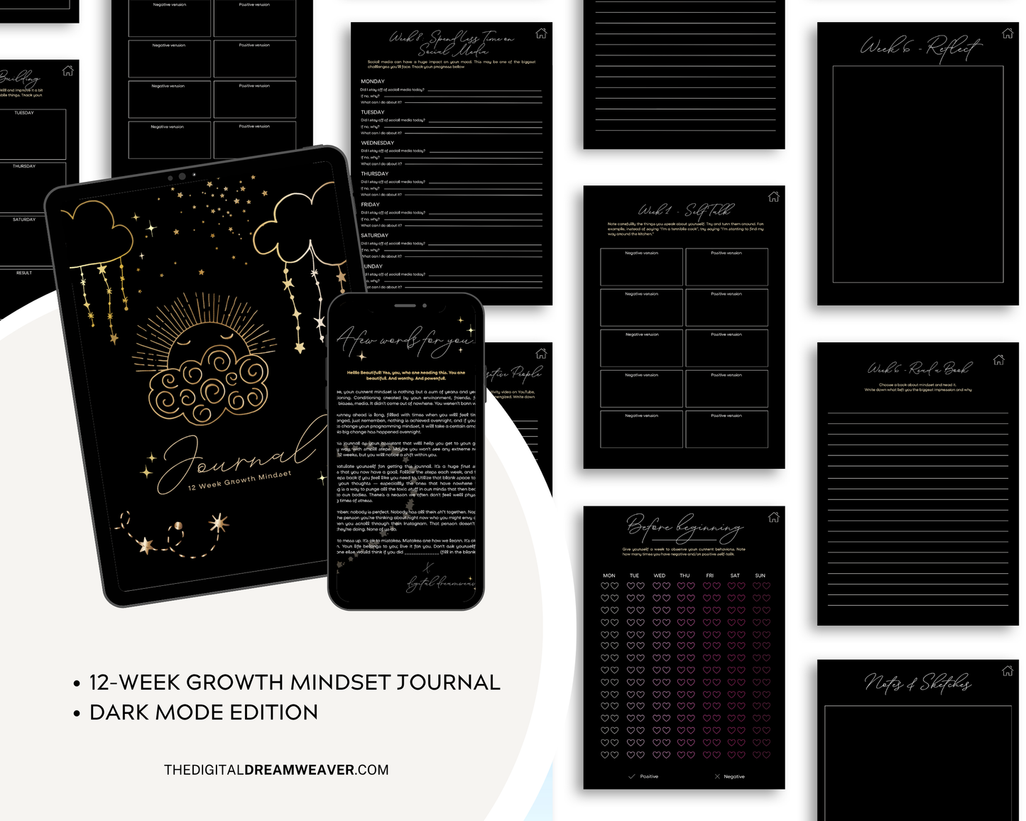 12 Week Growth Mindset PDF Journal | Printable Manifestation Planner | Aesthetic Self Care Routine Journal for Women (dark mode))