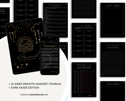 12 Week Growth Mindset PDF Journal | Printable Manifestation Planner | Aesthetic Self Care Routine Journal for Women (dark mode))
