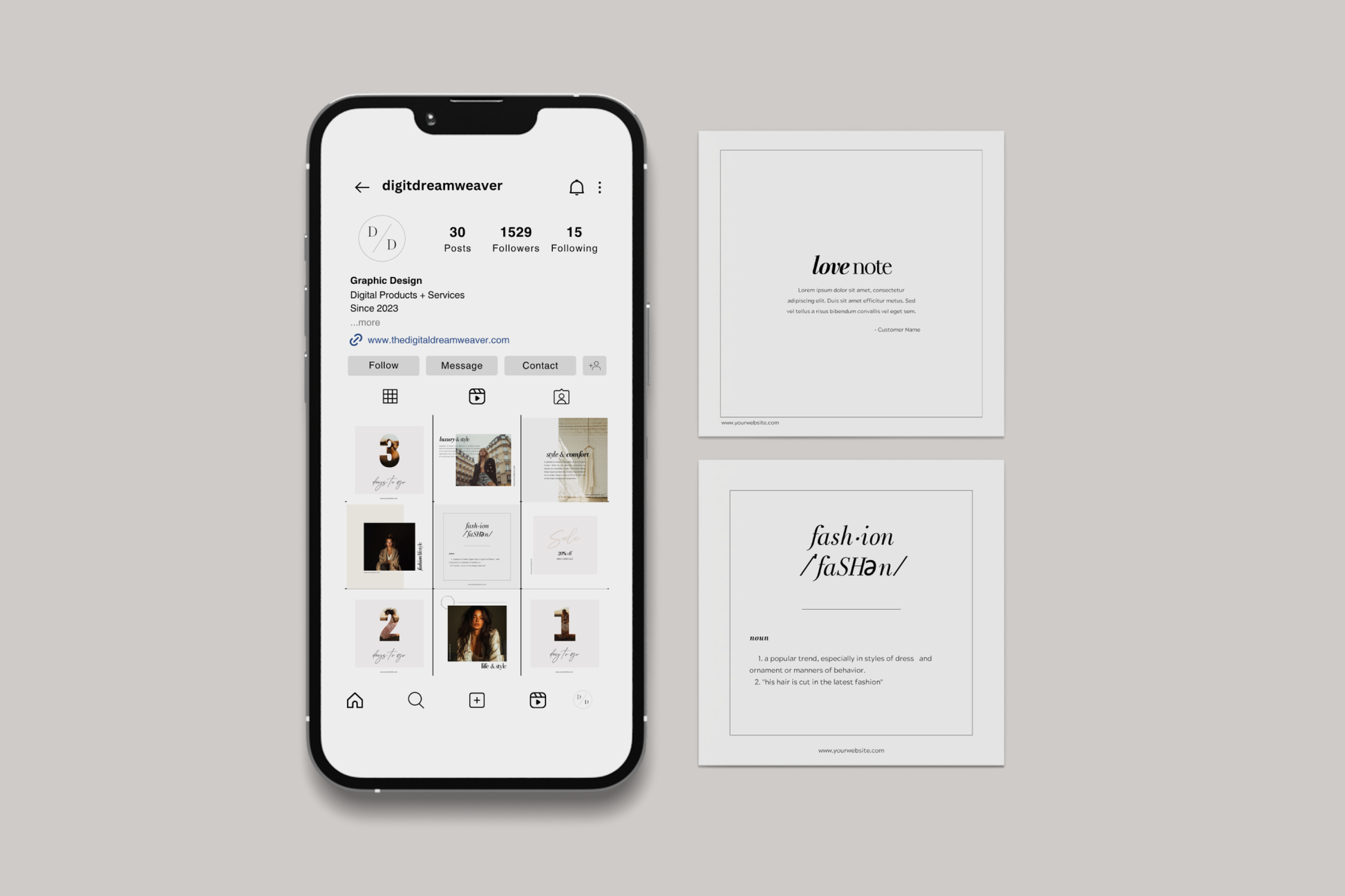 Smartphone displaying a social media app with two printed cards on a gray background