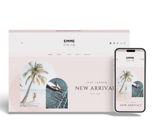 Phone displaying a 'New Arrival' screen with palm tree and beach design, next to a box with the same branding.