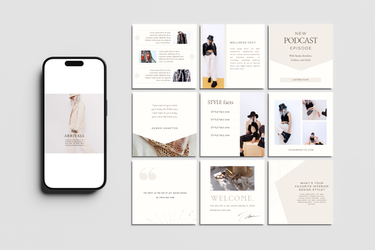 A digital mockup showing a smartphone beside a 3x3 grid of interior design themed social media or website slide templates. The templates feature a minimalist beige, white, and black color palette with fashion and lifestyle imagery, set against a light gray background.