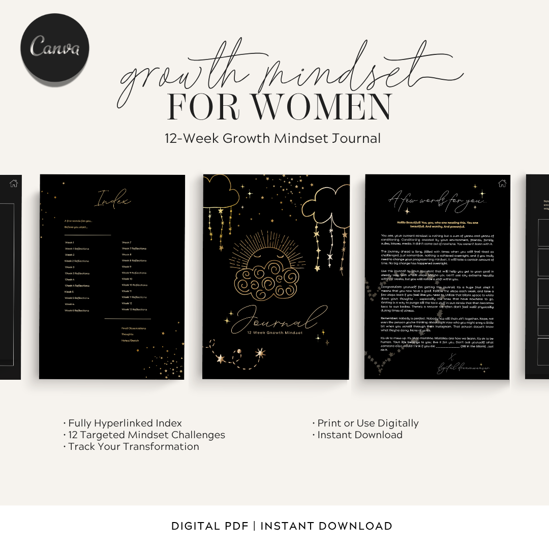 12 Week Growth Mindset PDF Journal | Printable Manifestation Planner | Aesthetic Self Care Routine Journal for Women (dark mode))