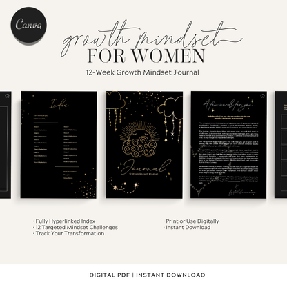 12 Week Growth Mindset PDF Journal | Printable Manifestation Planner | Aesthetic Self Care Routine Journal for Women (dark mode))