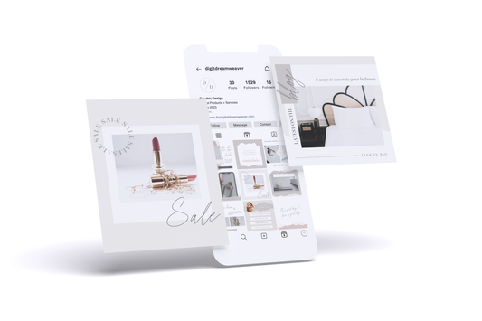 A digital mockup displaying a set of minimalist social media templates and an Instagram-style feed layout, shown floating against a solid white background.