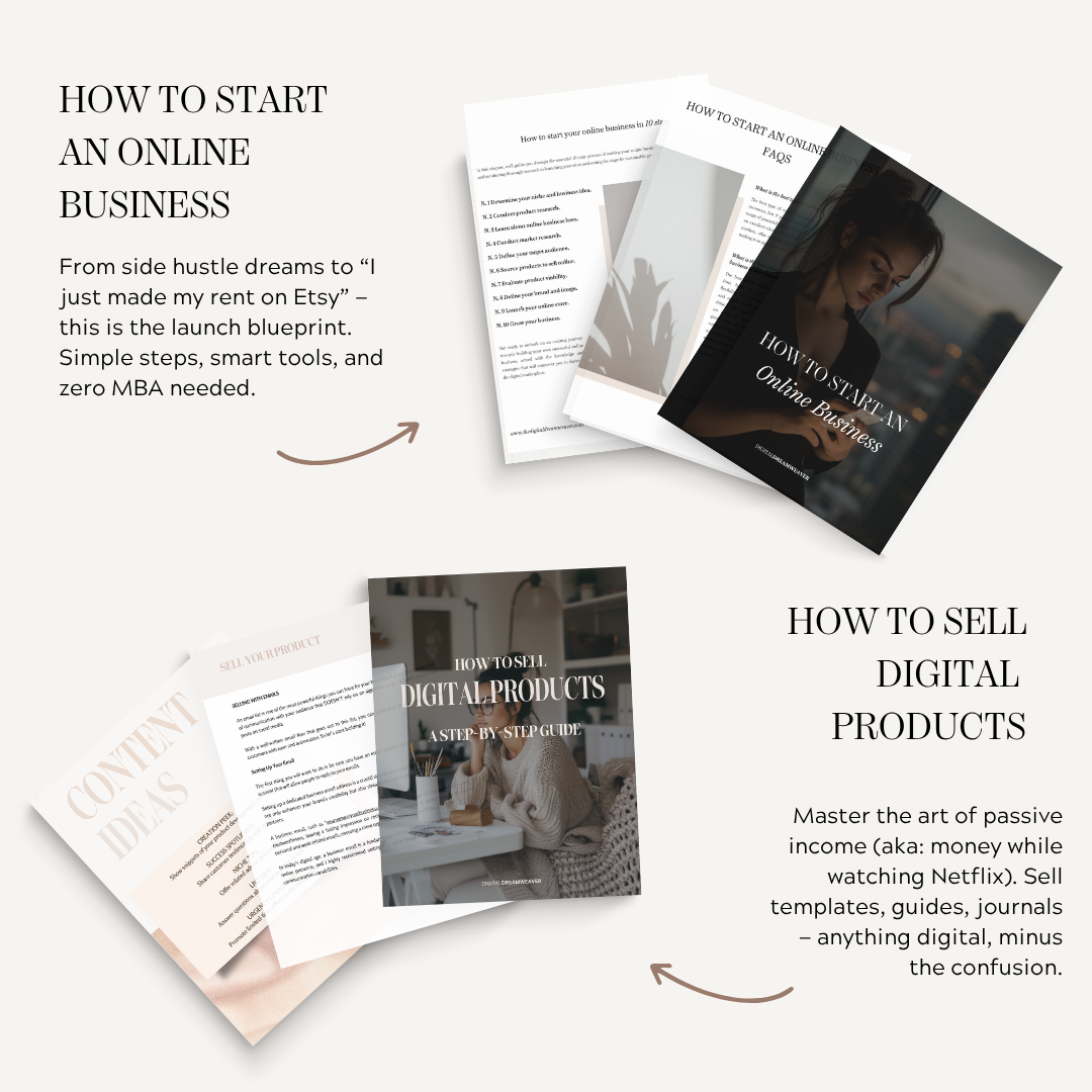 Brochures and guides on starting an online business and selling digital products.