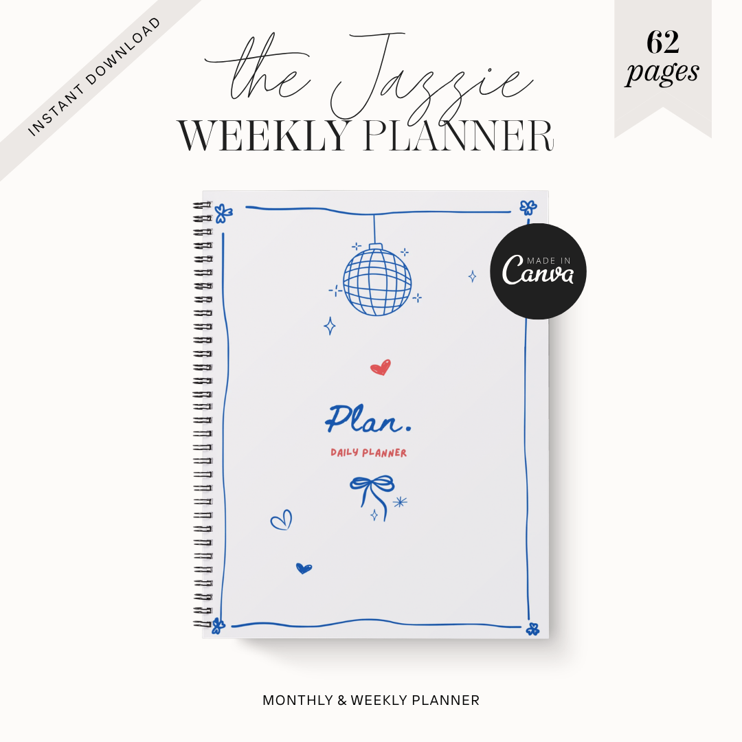 The Jazzy Weekly Planner digital template mockup on a light cream background. The spiral-bound planner cover features blue border lines, a blue disco ball illustration, and red text accents.